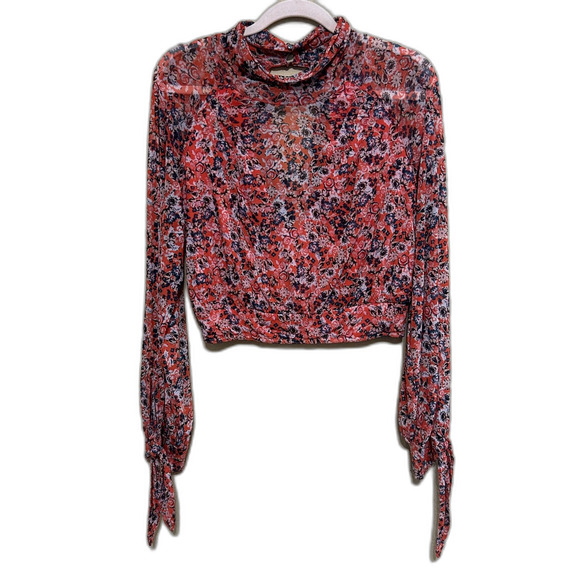 Free People All Dolled Up Top Womens Medium Red Floral Mesh Sheer High Neck Boho - Picture 3 of 10